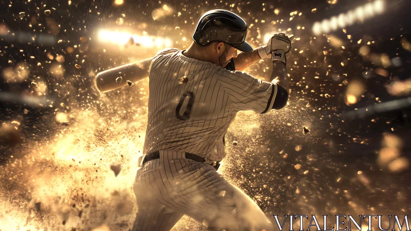 Power hitter drives explosive swing under stadium lights.