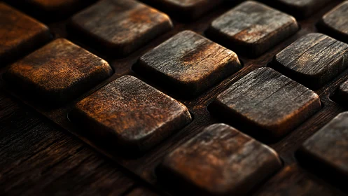 Weathered wooden keyboard keys glow in warm studio light.