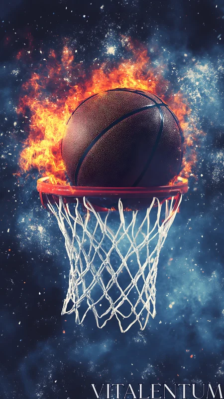 Flaming basketball penetrates hoop with dynamic cosmic particle field