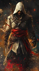 Hooded rogue warrior with blades in fiery abstract scene.