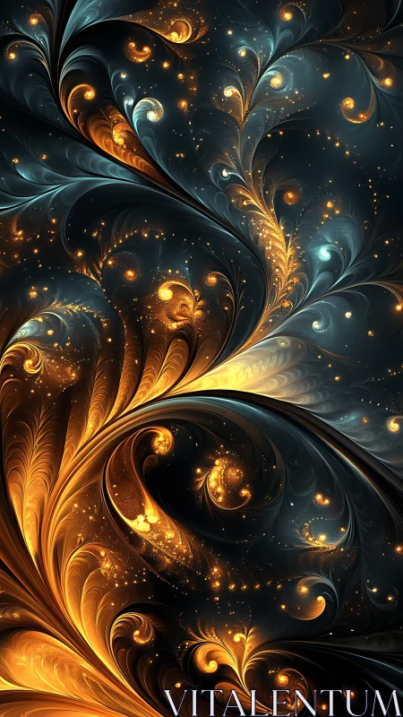 Fractal aurora swirls with golden cosmic light trails.