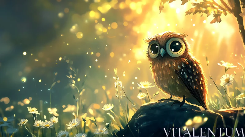 Whimsical cartoon owl in sunlit meadow with dreamy golden light.