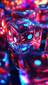 Luminous glass dice in neon magenta and cyan glow.