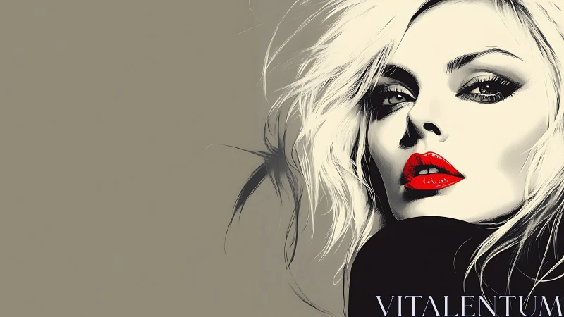 Retro siren gaze in stark monochrome with electric red lips.