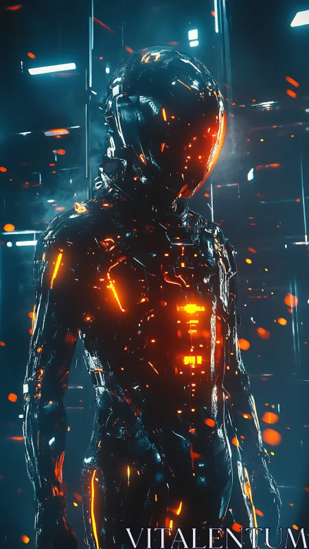 Emberlit android strides through a neon data storm