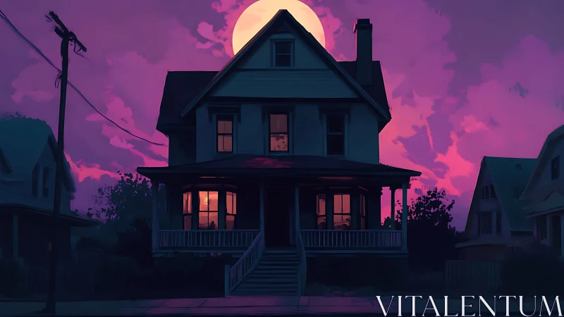 Moonlit suburban house silhouetted in neon twilight sky.
