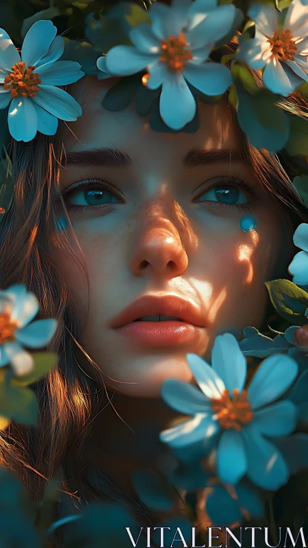 Female face is framed by blue flowers under directional light