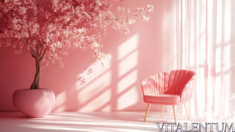 Monochrome pink lounge with scallop chair and potted blossom tree