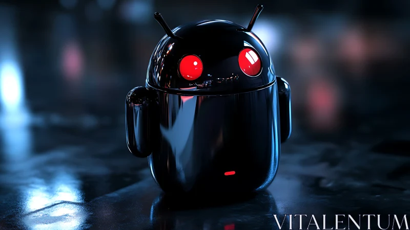 Glossy black android robot with emissive red optics on wet floor
