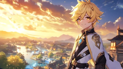 Blond anime hero overlooks glowing river city at sunset