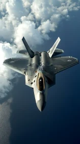 Modern stealth fighter jet in high altitude overhead view.