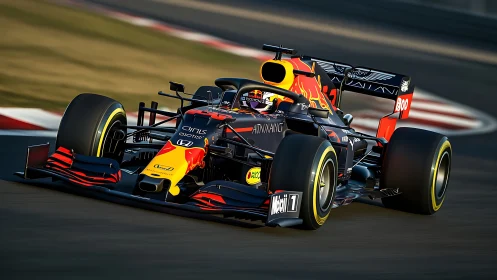Formula 1 Red Bull car powers through high-speed circuit corner