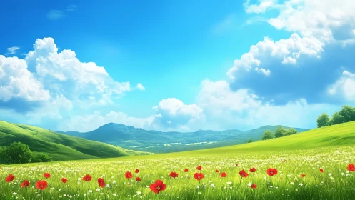 Wildflower meadow under bright summer sky and rolling hills.