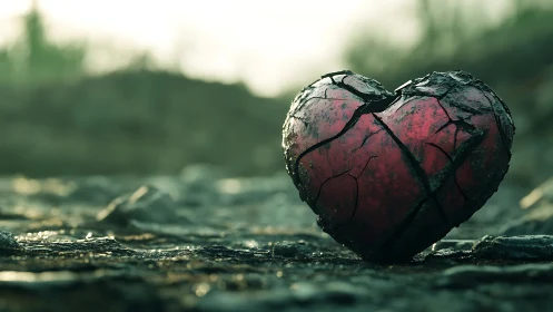 Weathered red heart quietly glows on a rough stony path