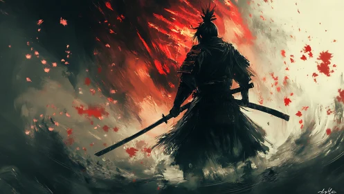 Lone samurai silhouette before blazing crimson storm
