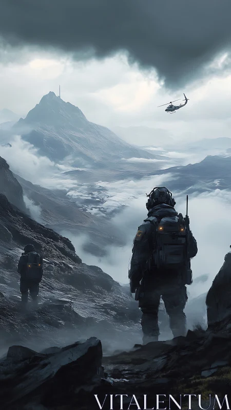 Stormbound recon team in misty glacial mountain valley.