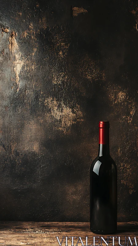 Dark wine bottle on rustic wooden table against wall.