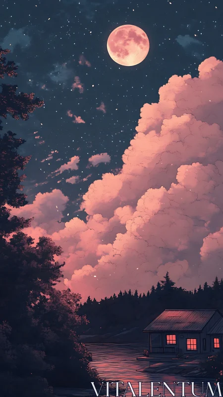 Moonlit cotton clouds quietly cradle the lakeside cabin