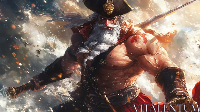 Muscular bearded pirate captain battling stormy sea.