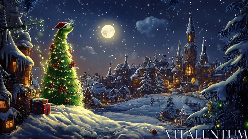 Digital painting of whimsical snowy village and lit tree at night.