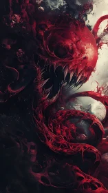 Digital painting of monstrous crimson void entity in motion.