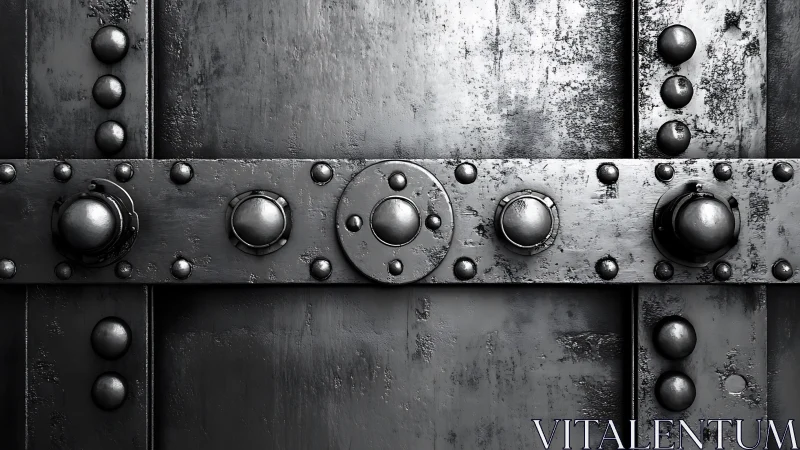 Riveted metallic panels are arranged in a symmetrical grid