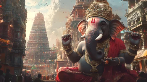 Majestic Ganesha deity rendered in hyper-detailed temple vista