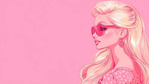 Stylish blonde woman in pink sunglasses against pastel backdrop.