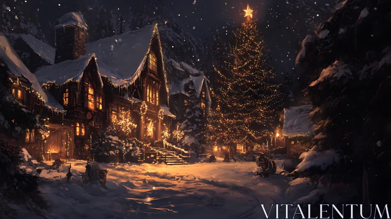 Snow-dusted village glows under a towering Christmas star