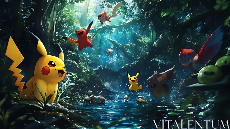 Pikachu in Mystical Forest Stream with Pokemon