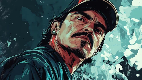 Male figure in cap rendered in stylized digital portrait.