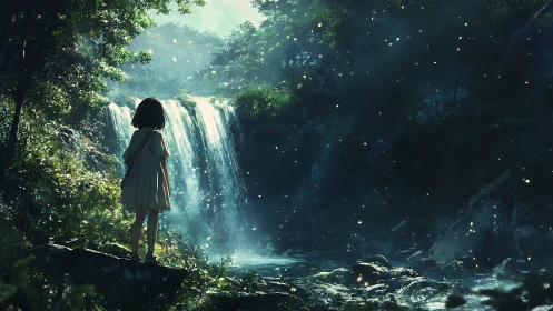 Quiet child at a glowing forest waterfall sanctuary.
