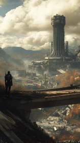 Solitary explorer surveys towering post apocalypse citadel.