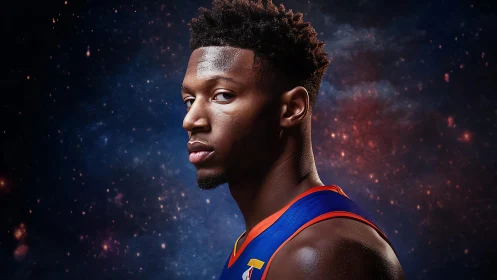 Basketball player portrait set against deep cosmic backdrop