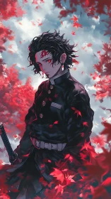 Scarlet-eyed swordsman adrift in a storm of autumn fire.