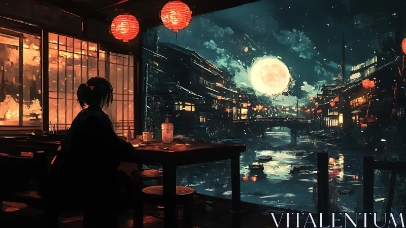 Solitary diner gazes over neon canal beneath a glowing moon