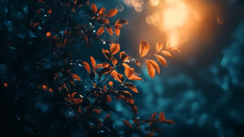 Dew-covered orange leaves in dramatic bokeh light, nature photography.