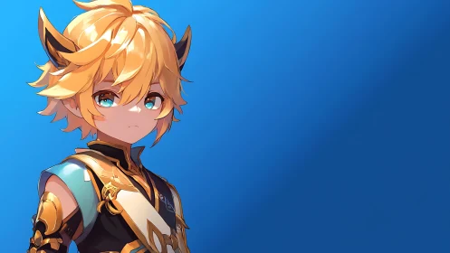 Blond anime warrior in gold armor under high-key blue gradient