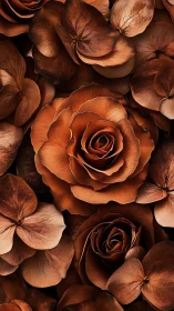 Copper roses bloom among dried petals in warm floral study.
