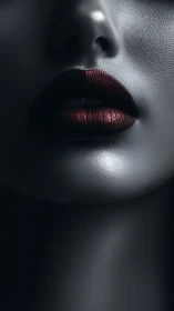 Velvet red lips glow softly against cool shadowed skin