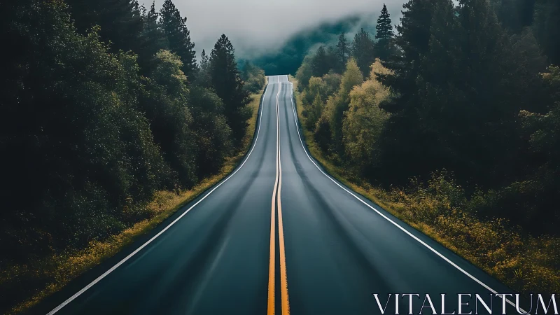 Photorealistic forest highway with misted horizon perspective.