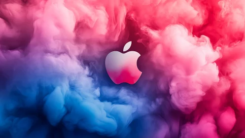 Apple logo centered in pink and blue digital smoke field.