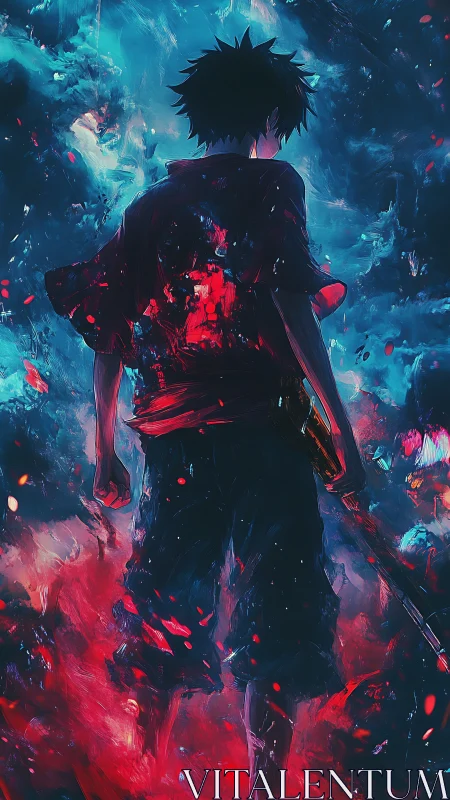 Backlit anime swordsman in turbulent bicolor energy field.