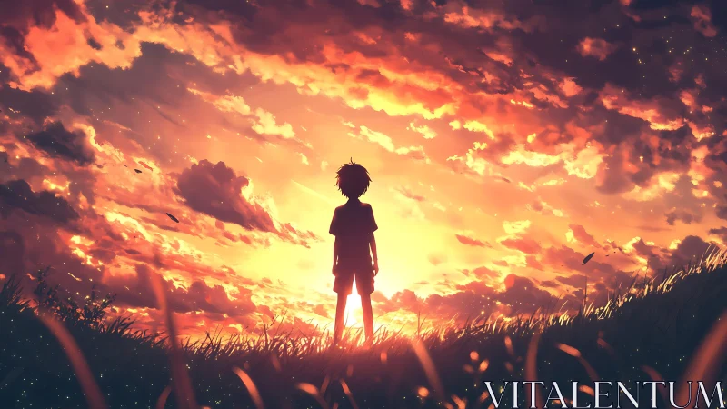 Anime silhouette boy against blazing cinematic sunset sky.