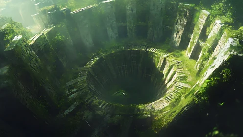 Overgrown circular stone ruin enclosing deep central shaft.