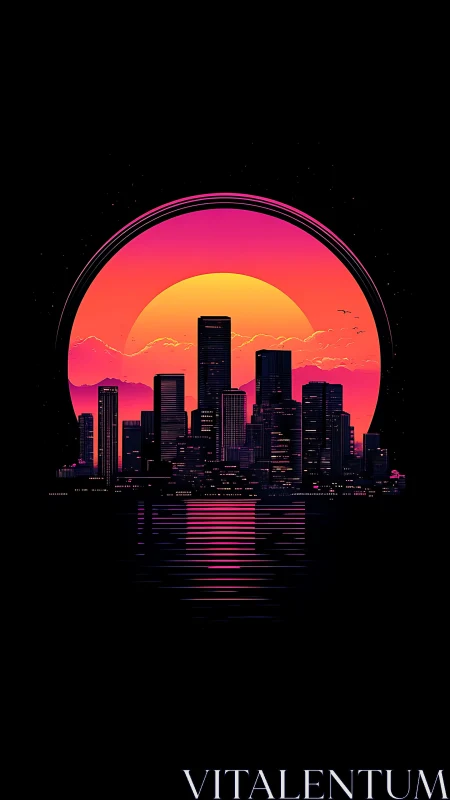 Neon sunset skyline cradled by a glowing cosmic horizon.