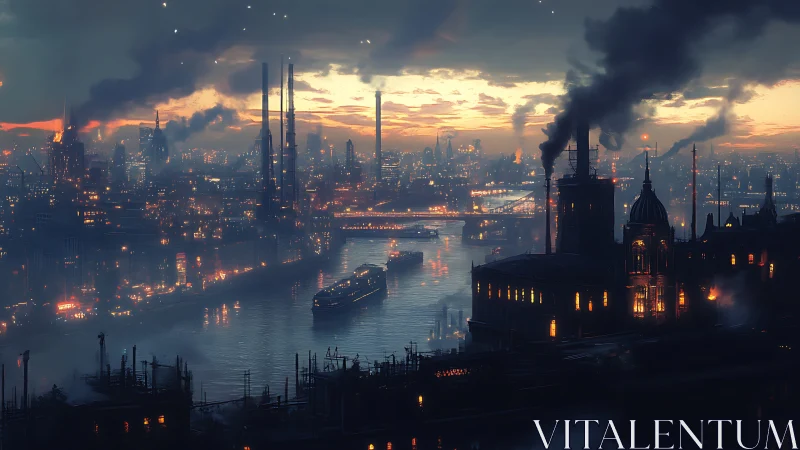 Smoky riverside city glows with warm lights at dusk