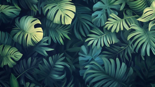 Layered monstera foliage rendered with soft digital gradients