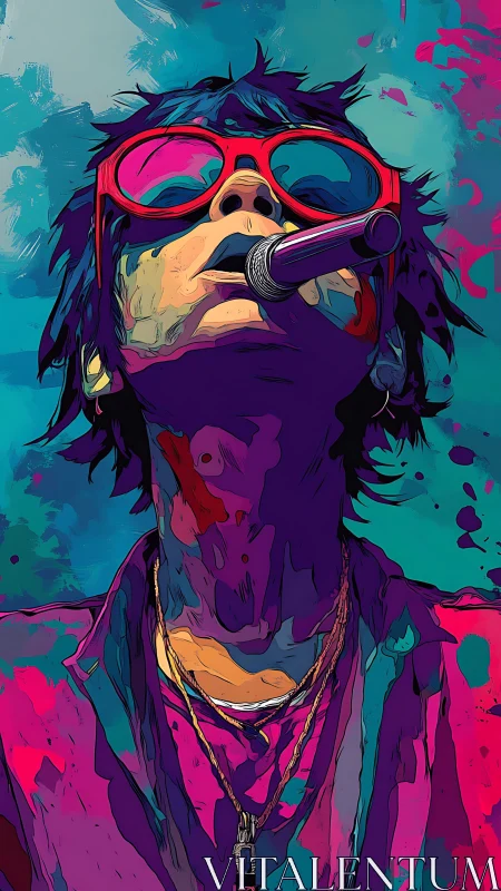 High-saturation vector portrait of singer with microphone and neon glasses