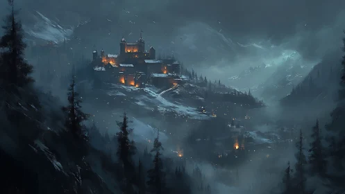 Snowbound mountain fortress glows through wintry mist at night.